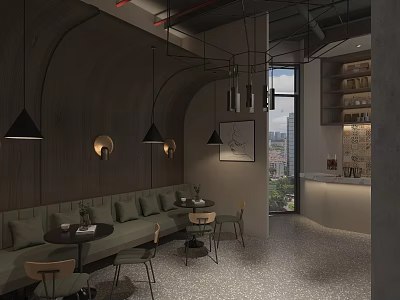 Modern Café Interior With Dark Wooden Walls Curved Green Sofas Pendant Lights And City View 3d model