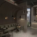 Modern Café Interior With Dark Wooden Walls Curved Green Sofas Pendant Lights And City View
