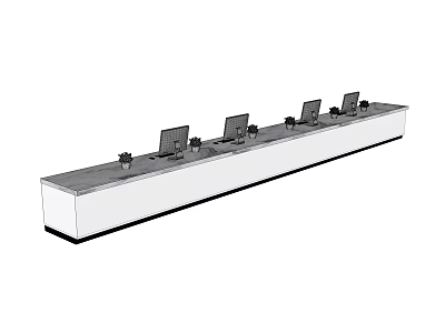 Modern Office Reception Desk With Long Design Multiple Laptops And Small Plants 3d model