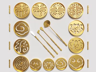 Golden Traditional Chinese Tea Set With Fu Shou Xi Characters Lotus Cloud Patterns And Tools 3d model