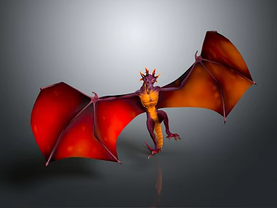 3D Rendered Purple Body Horned Dragon With Red Orange Spread Wings On Gray Gradient Background 3d model