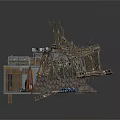 Ruined Building Structure With Wooden Frames Broken Platform And Metal Supports