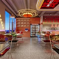 Modern Stylish Restaurant Interior With Neon Lights Red Walls Dining Tables And Display Shelves