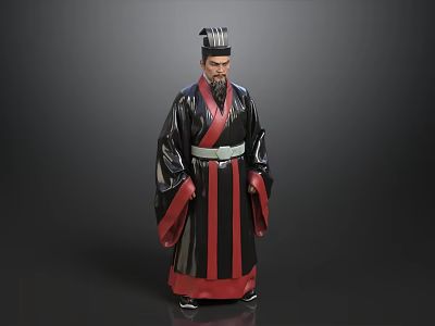 Man In Traditional Black And Red Robe With Belt And Hat Standing 3d model