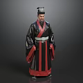 Man In Traditional Black And Red Robe With Belt And Hat Standing