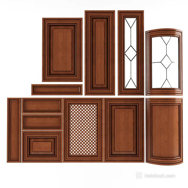 Wooden Cabinet Doors With Various Designs Including Glass Panels And Lattice Patterns 3d model 
