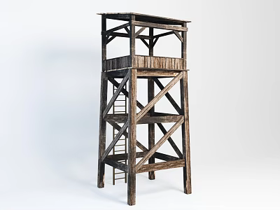 Wooden Observation Tower With Multi level Frame Structure And Rustic Ladder Design 3d model