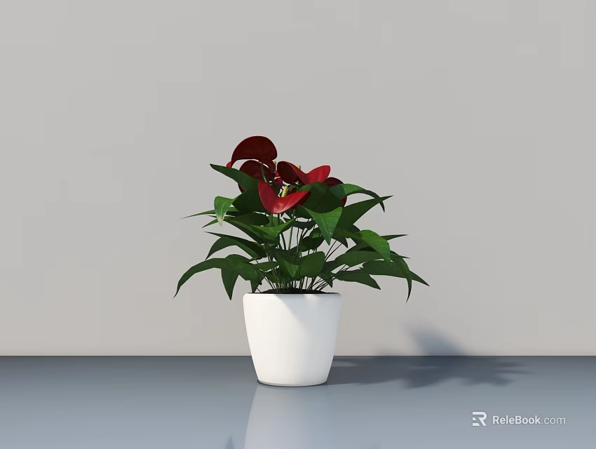 Beautiful Bonsai Potted Plant With Red Flowers Green Leaves In White Pot On Gray Background 3d model 