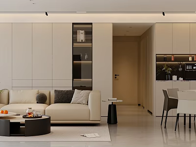 Modern Minimalist Living Dining Room Interior With Beige Sofa Coffee Table And Dining Table Chairs 3d model