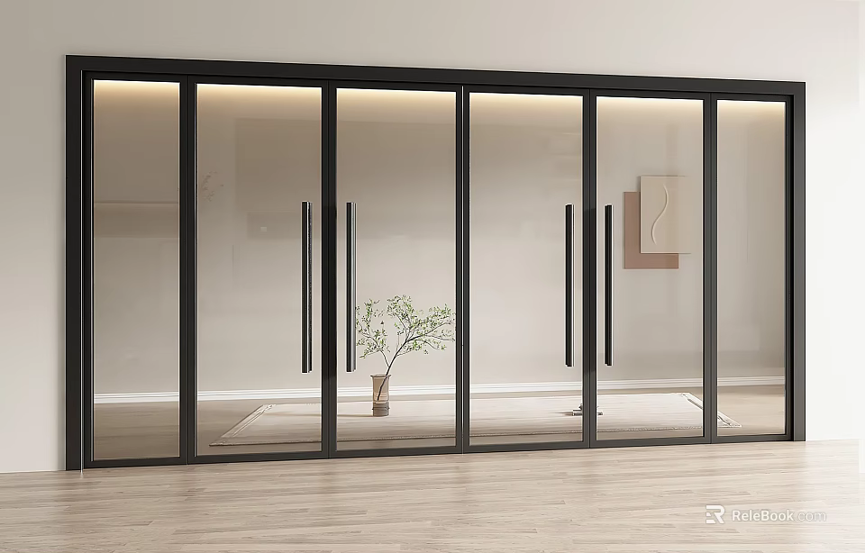 Elegant Modern Sliding Glass Double Doors With Black Frame Interior Setting 3d model 