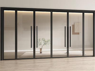 Elegant Modern Sliding Glass Double Doors With Black Frame Interior Setting 3d model