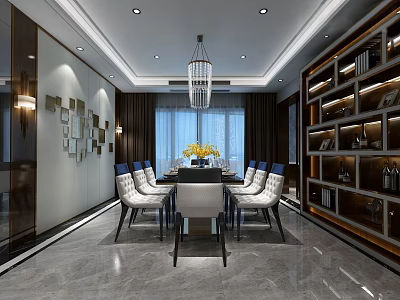 Modern Restaurant Interior With Long Dining Table White Chairs Yellow Flowers Chandelier And Display Shelves 3d model