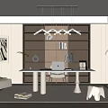 Modern Home Office Interior With Grid Bookshelf Desk Laptop Floor Lamp Artwork And Sofa