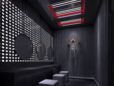 Bar Interior With Perforated Wall Circular Mirrors Red Lit Ceiling Black Counter And White Stools 3d model