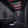 Bar Interior With Perforated Wall Circular Mirrors Red Lit Ceiling Black Counter And White Stools