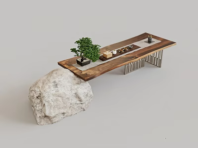 Natural Wooden Tea Table With Metal Legs Small Potted Plant And Tea Set On Rock 3d model
