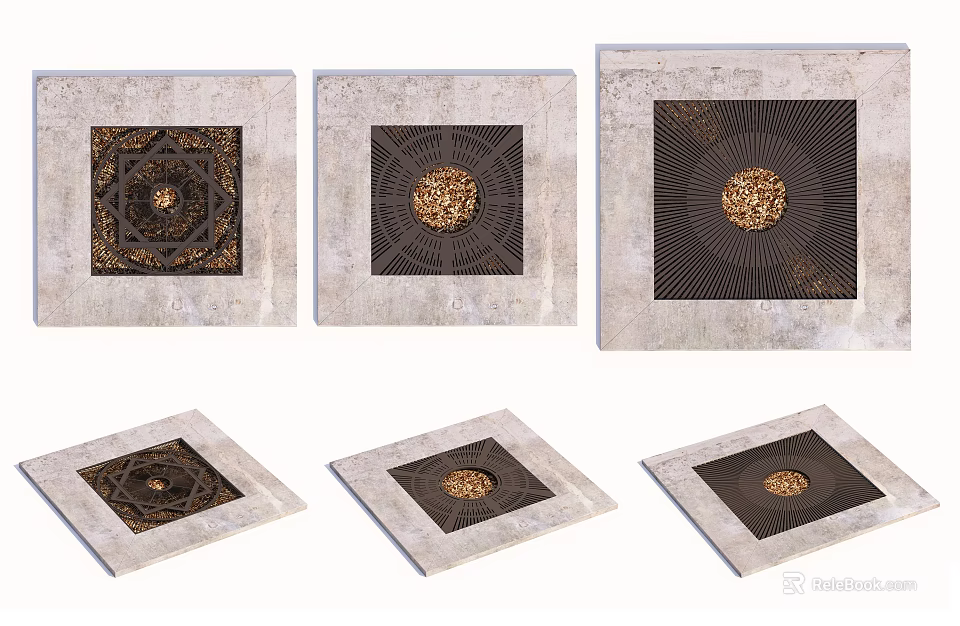 Multiple Stone Tree Pit Designs With Textured Patterns And Golden Center Accents 3d model