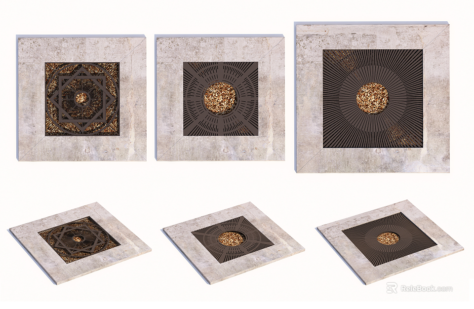 Multiple Stone Tree Pit Designs With Textured Patterns And Golden Center Accents 3d model 