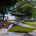 Garden Landscape Design With Lush Green Trees Stone Steps And People Resting