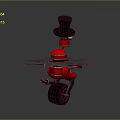 Red Mechanical Character With Black Top Hat And Blade Structure On Wheels