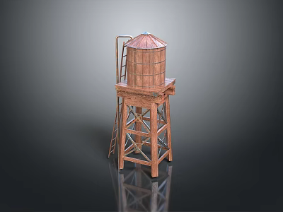 Wooden Water Tower Structure With Metal Ladder And Isolated Dark Background 3d model