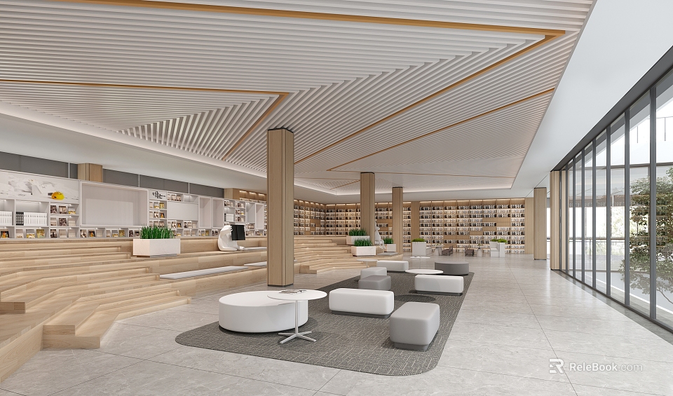 Artistic Library Interior Design With Shelves And Seating 3d model 