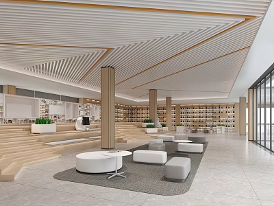 Artistic Library Interior Design With Shelves And Seating 3d model