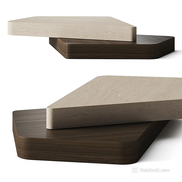 Modern Coffee Table With Light Stone Top And Dark Wood Base Layered Design 3d model 