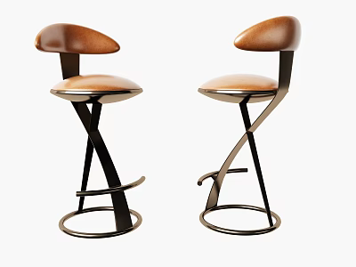 Modern Brown Leather Bar Stools with Black Metal Frame and Curved Backrest 3d model