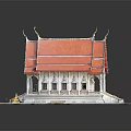 Ancient Thai Temple Model With Red Roof Golden Decorations Columns Stairs And Blue Base