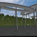 Modern Pergola with Curved Roof Structure Sleek Metal Columns Green Trees and Paved Ground