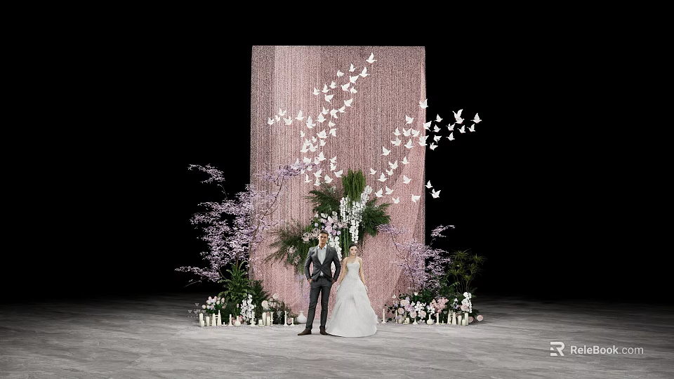 Wedding Scene With Couple Pink Backdrop White Butterflies Purple Flowers And Green Plants 3d model 