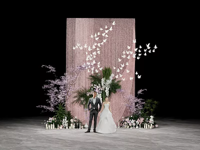 Wedding Scene With Couple Pink Backdrop White Butterflies Purple Flowers And Green Plants 3d model
