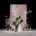 Wedding Scene With Couple Pink Backdrop White Butterflies Purple Flowers And Green Plants