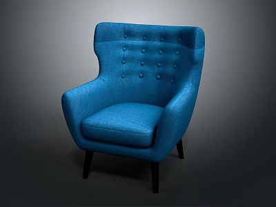Modern Blue Single Sofa with Tufted Wingback and Fabric Upholstery and Dark Wooden Legs 3d model