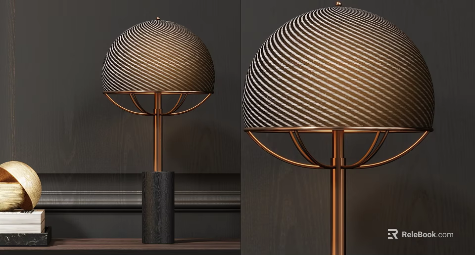 Modern Striped Shade Table Lamp with Copper Stand and Black Base Design for Home Decor 3d model 