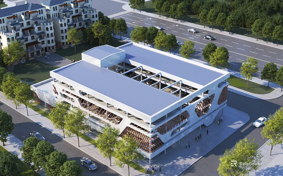 Modern Multi Storey Building With Blue Roof Geometric Design And Trees Near Road 3d model 