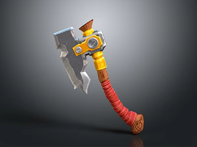 Detailed Decorative Axe With Silver Metal Head Yellow Middle And Red Wrapped Handle 3d model