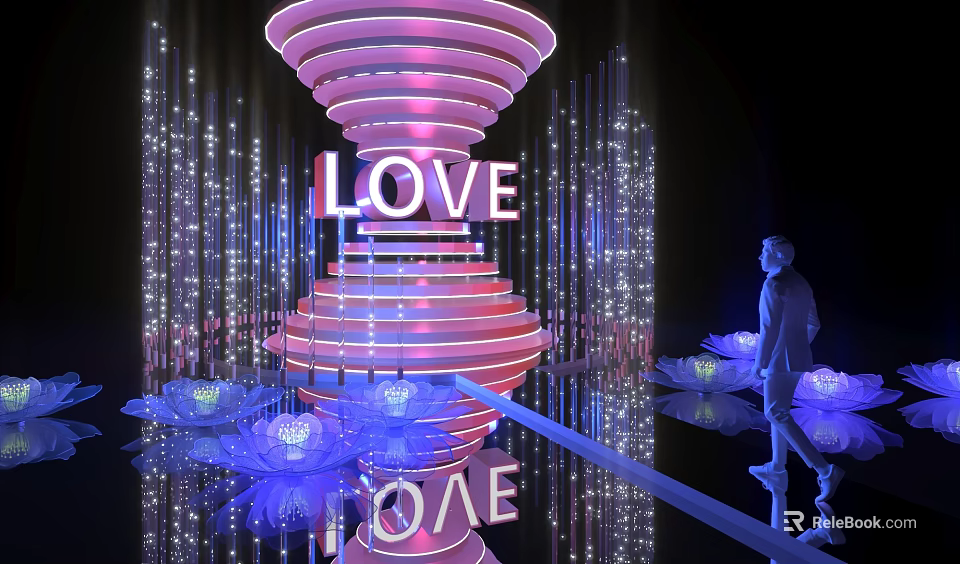 Illuminated Spiral Structure With LOVE Sign And Lotus Decorations Art Installation 3d model 