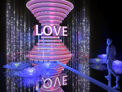 Illuminated Spiral Structure With LOVE Sign And Lotus Decorations Art Installation 3d model