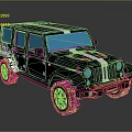 Rugged Off Road Car With Camouflage Pattern White Stripes Round Headlights And Large Tires