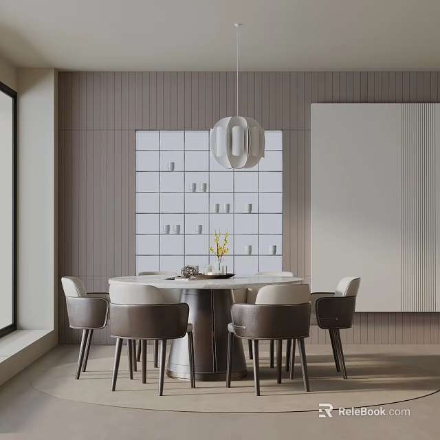 Modern Minimalist Dining Room Interior With Round Table Set Chairs And Pendant Light 3d model