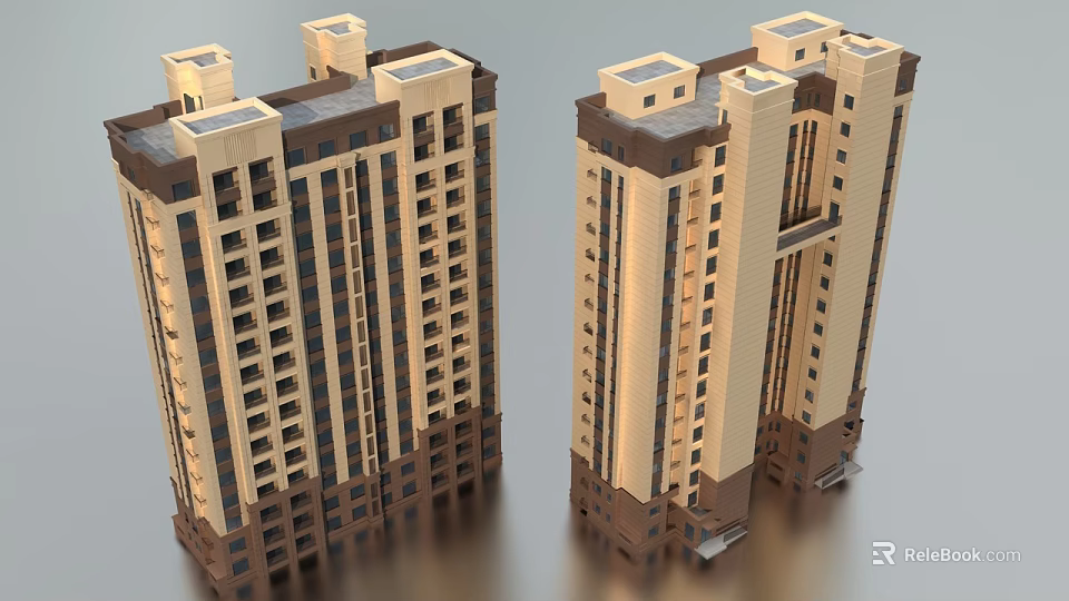 Modern High Rise Residential Building With Beige Brown Exterior And Multiple Windows 3d model 