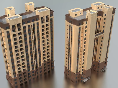 Modern High Rise Residential Building With Beige Brown Exterior And Multiple Windows 3d model