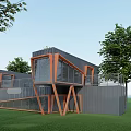 Modern Container Building Design With Glass Windows Orange Frames And Green Landscape 3d model