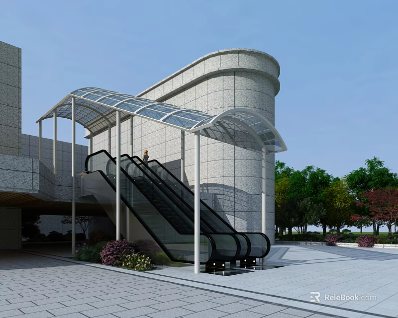 Modern Building Escalator With Glass Canopy Stone Wall Plaza And Surrounding Trees 3d model 
