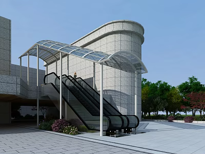 Modern Building Escalator With Glass Canopy Stone Wall Plaza And Surrounding Trees 3d model