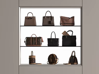 Stylish Fashion Bags Displayed On Three Shelves In Glass Cabinet With Various Colors And Designs 3d model