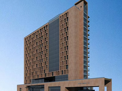 Modern Brown Office Building Featuring Glass Curtain Wall Numerous Windows And Base Entrance 3d model