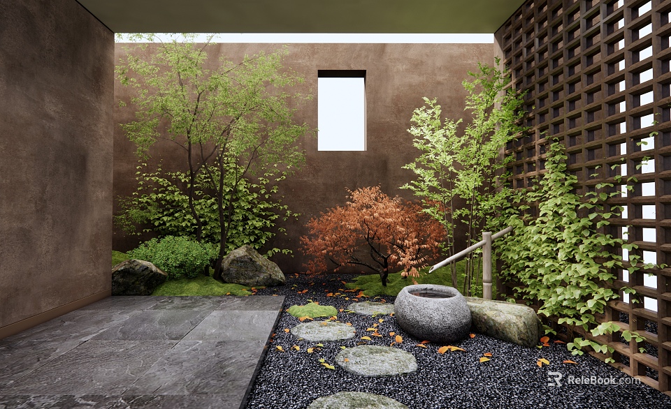 Indoor Landscape With Various Trees Stepping Stones Stone Basin Black Gravel And Wooden Lattice 3d model 